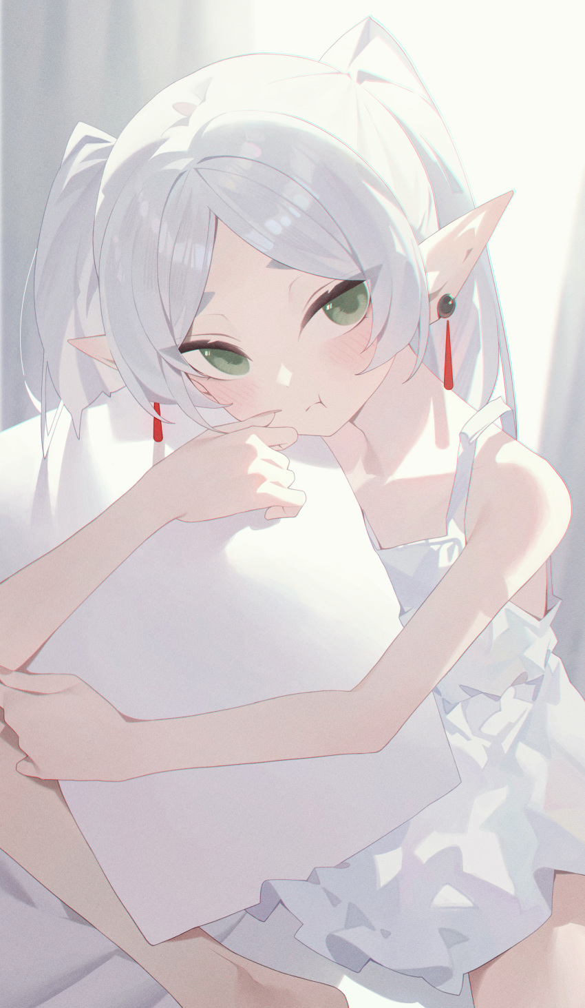 1girl, :t, absurdres, aqua_eyes, blush, commentary_request, curtains, day