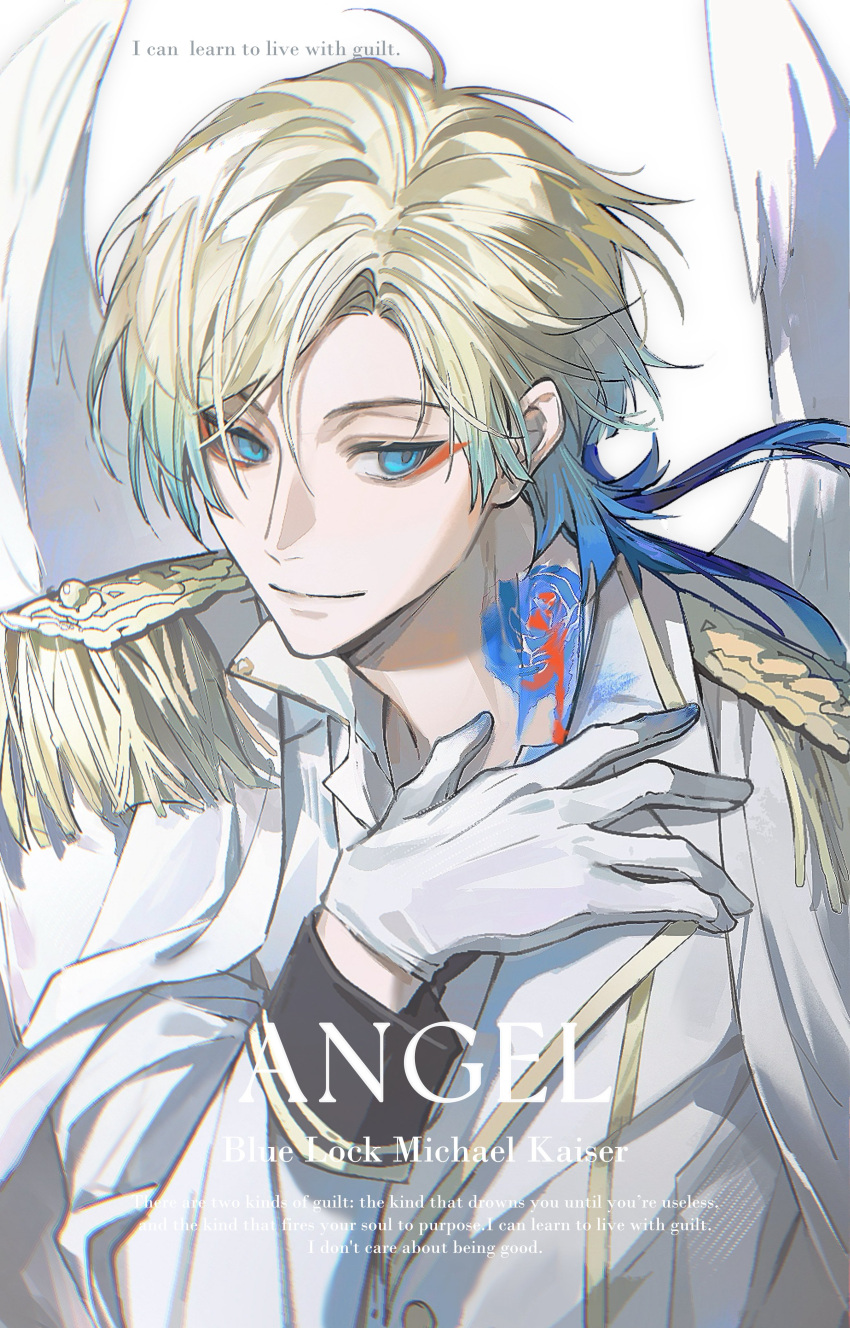 1boy, absurdres, alternate_costume, angel, angel_wings, blonde_hair, blue_eyes, blue_hair, blue_lock, closed_mouth, commentary, english_text, flower_tattoo, gloves, gradient_hair, highres, jacket, male_focus, michael_kaiser, multicolored_hair, neck_tattoo, pcal_pcal, short_hair_with_long_locks, simple_background, solo, tattoo, two-tone_hair, upper_body, white_background, white_gloves, white_jacket, wings