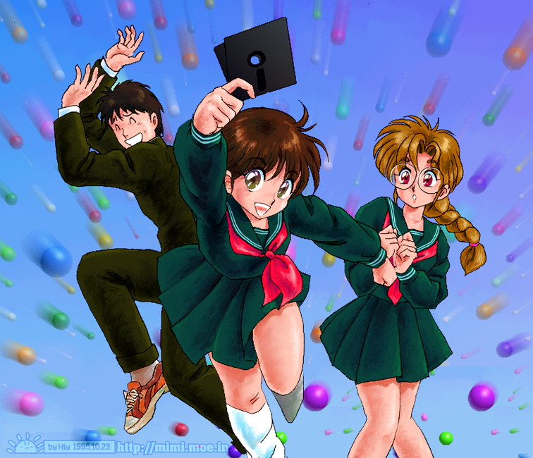 1boy, 2girls, 3d_background, ^_^, akira_m, arm_up, arms_up, artist_name, black_hair, black_sailor_collar, black_serafuku, black_shirt, black_skirt, braid, braided_ponytail, brown_eyes, brown_hair, closed_eyes, dated, floppy_disk, gakuran, glasses, green_jacket, green_pants, hands_up, holding_floppy_disk, jacket, long_hair, looking_at_another, multiple_girls, neckerchief, open_mouth, orange_shoes, orb, original, pants, parted_lips, pleated_skirt, red_eyes, red_neckerchief, round_eyewear, sailor_collar, school_uniform, serafuku, shirt, shoes, short_hair, single_braid, skirt, smile, sneakers, socks, standing, standing_on_one_leg, thigh-highs, web_address, white_socks, white_thighhighs