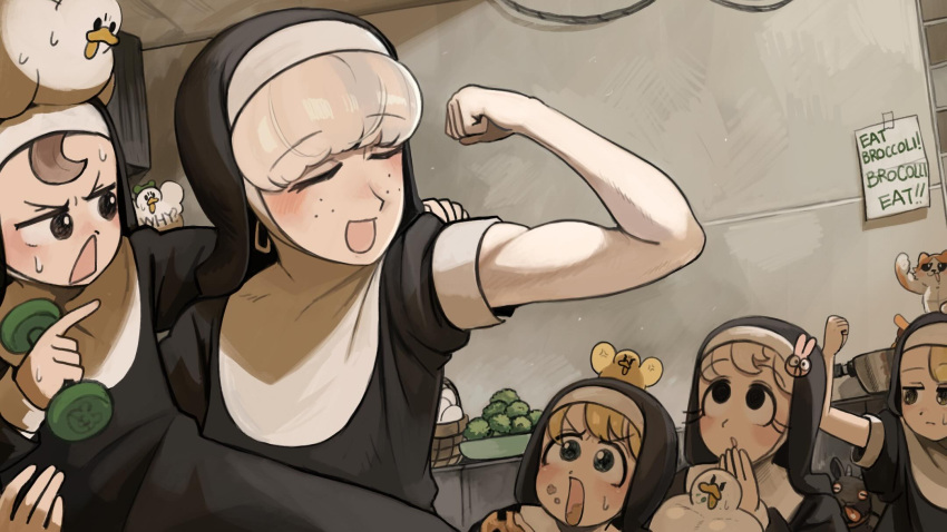 5girls, bird, black_eyes, blonde_hair, blue_eyes, brown_eyes, brown_hair, bunny_nun_(diva)