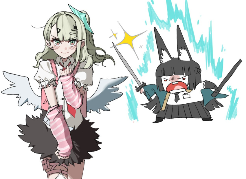 2girls, angry, animal_ear_fluff, animal_ears, aqua_jacket, arm_warmers, black_necktie, black_skirt, blunt_bangs, blush, chibi, collared_shirt, cowboy_shot, dooyun212, fox_ears, fox_girl, fur-trimmed_skirt, fur_trim, green_eyes, green_hair, holding, holding_sword, holding_weapon, hoshimi_miyabi, jacket, katana, long_hair, looking_at_viewer, multiple_girls, multiple_hair_clips, necktie, pink_arm_warmers, pink_bag, ponytail, red_eyes, red_necktie, shirt, skirt, striped_arm_warmers, sunna_(zenless_zone_zero), sword, weapon, white_shirt, white_wings, winged_bag, wings, zenless_zone_zero