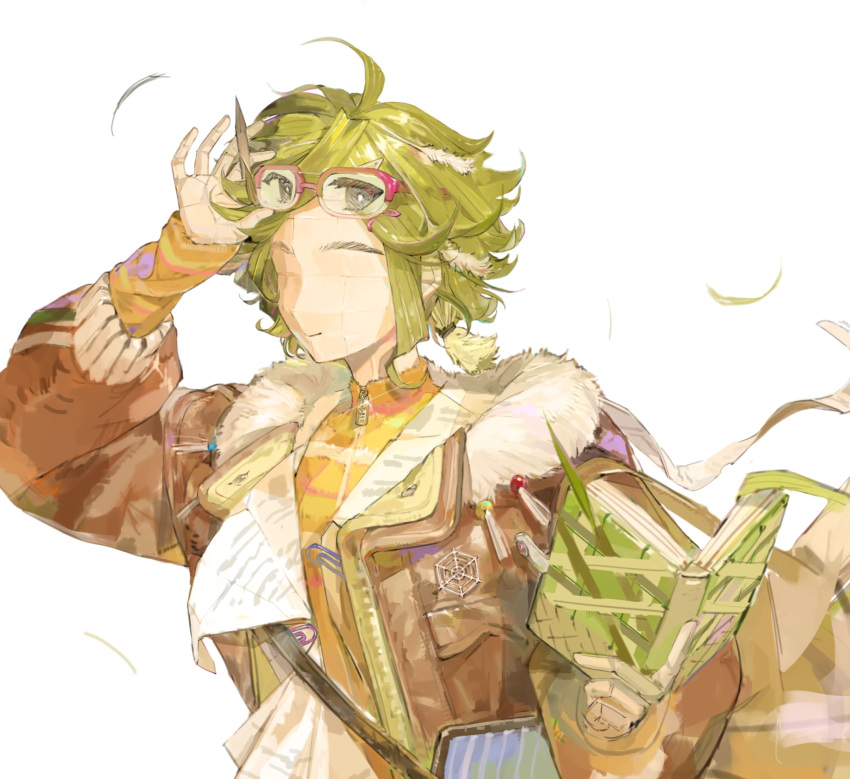 1girl, brown_jacket, chinese_commentary, closed_mouth, commentary_request, eyewear_lift, fur-trimmed_jacket, fur_trim, green_hair, hand_up, heic-to-png_conversion, highres, holding, holding_notebook, hufu_(sanbu_laohu_tou), jacket, no_eyes, notebook, plant_hair, reed_(reverse:1999), reverse:1999, short_hair, smile, solo, sweater, upper_body, white_background, yellow_sweater