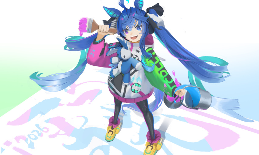 1girl, @_@, ahoge, animal_ears, black_leggings, blue_eyes, blue_hair, boots, coat, commentary_request, crossed_bangs, drawstring, heterochromia, highres, holding, holding_paintbrush, hood, hooded_coat, hoodie, horse_ears, horse_girl, horse_tail, hua_hu, leggings, long_hair, long_sleeves, looking_at_viewer, multicolored_coat, multicolored_hair, multicolored_hoodie, open_mouth, paint, paint_can, paint_on_body, paintbrush, sharp_teeth, smile, solo, stuffed_animal, stuffed_rabbit, stuffed_toy, tail, teeth, twin_turbo_(blast_mode!_turbo_engine)_(umamusume), twin_turbo_(umamusume), twintails, umamusume, violet_eyes, yellow_boots