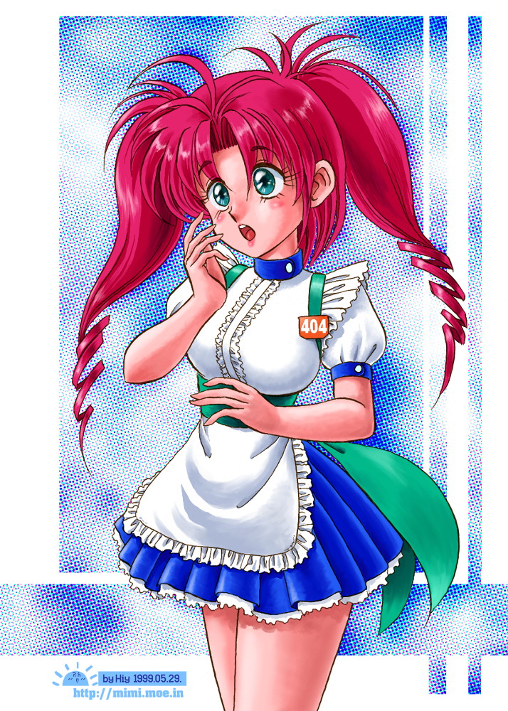 1girl, 404, :o, akira_m, apron, aqua_bow, aqua_sash, artist_name, back_bow, blue_eyes, blue_skirt, bow, breasts, center_frills, cowboy_shot, dated, drill_hair, frilled_apron, frills, hand_to_own_mouth, hand_up, http_status_code, layered_skirt, long_hair, low_drills, medium_breasts, open_mouth, original, pink_hair, pleated_skirt, puffy_short_sleeves, puffy_sleeves, sash, shirt, short_sleeves, skirt, solo, standing, surprised, teeth, upper_teeth_only, waist_apron, waitress, web_address, white_apron, white_shirt