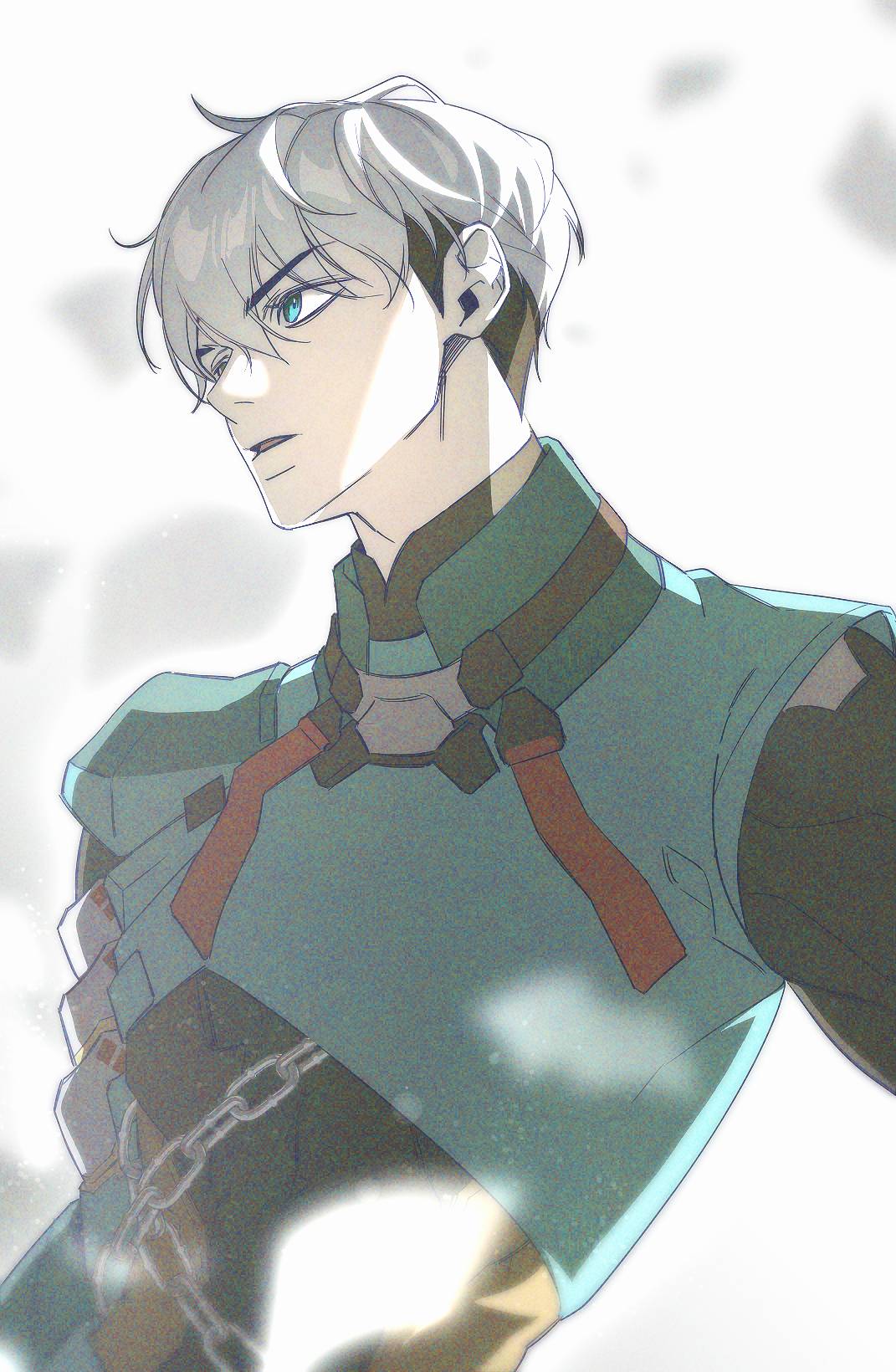 1boy, black_hair, black_shirt, blue_eyes, chain, collared_shirt, commentary_request, dutch_angle, film_grain, highres, korean_commentary, long_sleeves, looking_to_the_side, male_focus, mizuki_(overwatch), multicolored_hair, no_headwear, open_mouth, overwatch, paaangya, shirt, sideways_glance, solo, two-tone_hair, white_hair