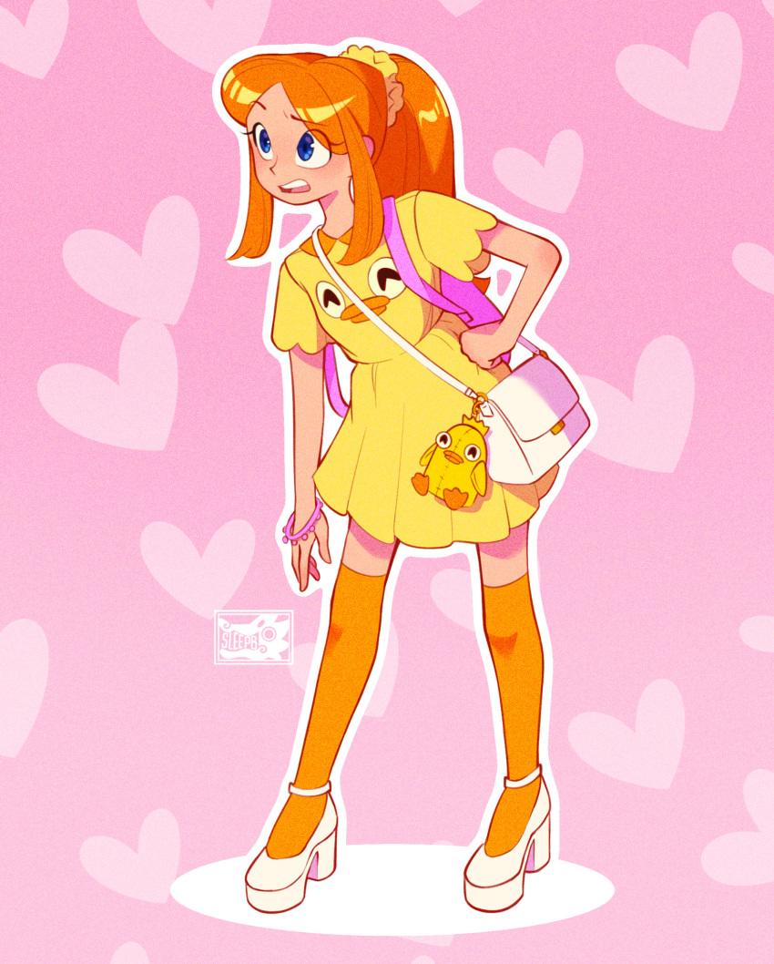 1girl, alternate_hairstyle, backpack, bag, blue_eyes, bracelet, candace_flynn, collared_shirt