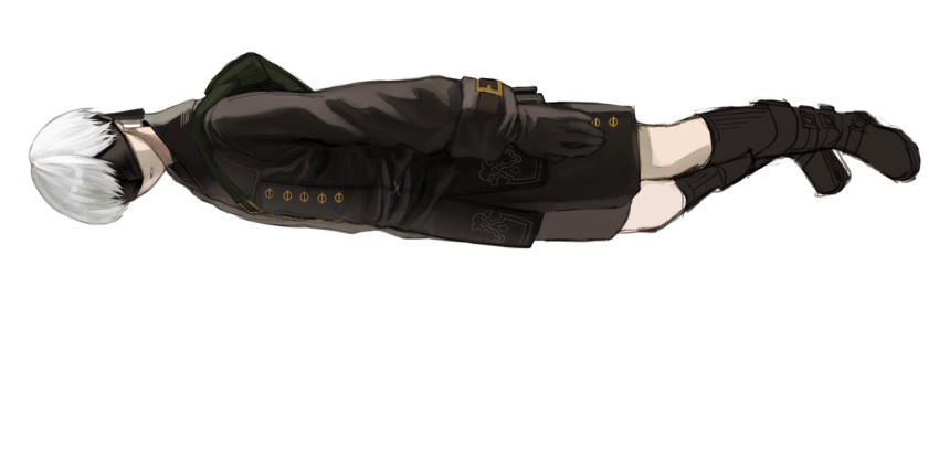 1boy, 9s_(nier:automata), black_boots, black_gloves, black_jacket, black_shorts, black_socks, blindfold