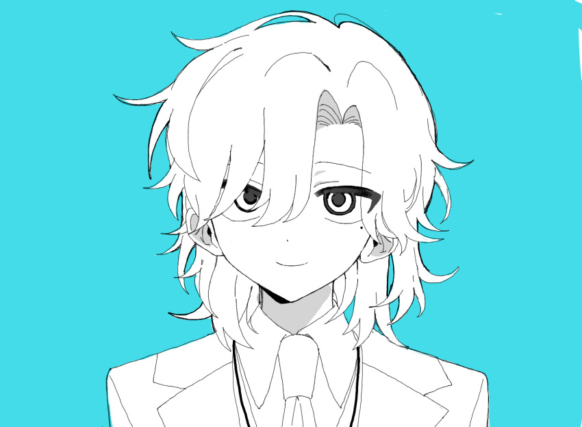 1boy, blue_background, closed_mouth, collared_shirt, commentary_request, dot_nose, dress_shirt, greyscale_with_colored_background
