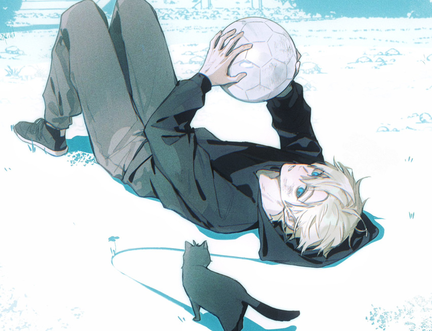 1boy, animal, ball, black_cat, black_hoodie, black_shoes, blonde_hair, blue_eyes