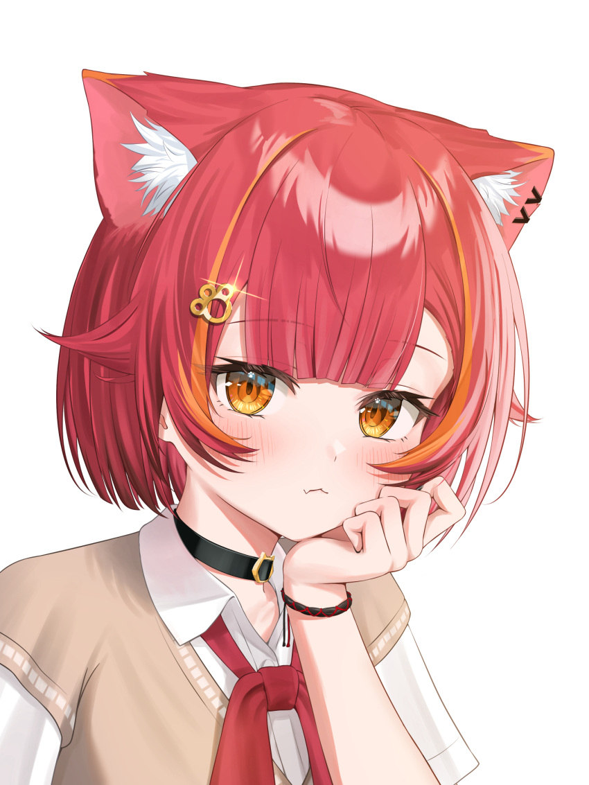 1girl, animal_ears, black_choker, blush, brown_sweater, cat_choker, cat_ears, cat_girl