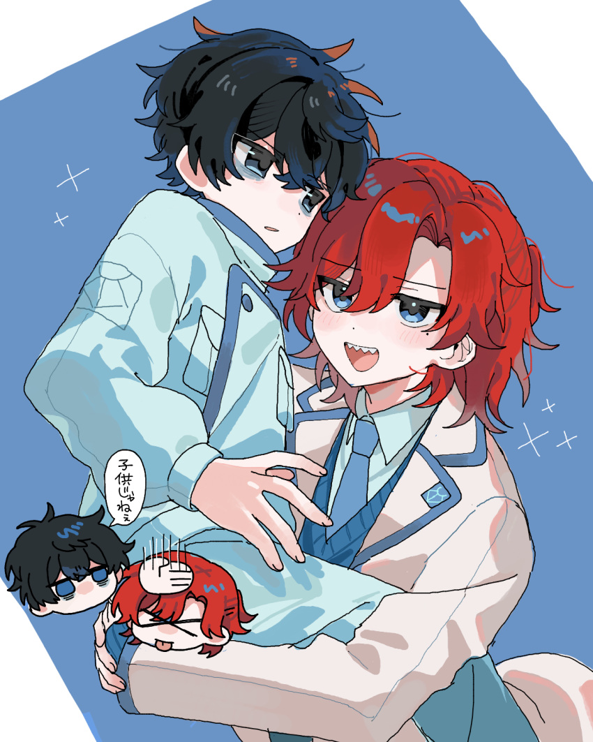 >_<, 2boys, :d, :p, bags_under_eyes, black_hair, blue_eyes, blue_jacket