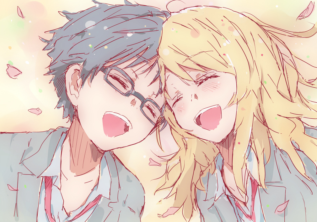 1boy, 1girl, ^_^, arima_kousei, black-framed_eyewear, blonde_hair, blush, closed_eyes