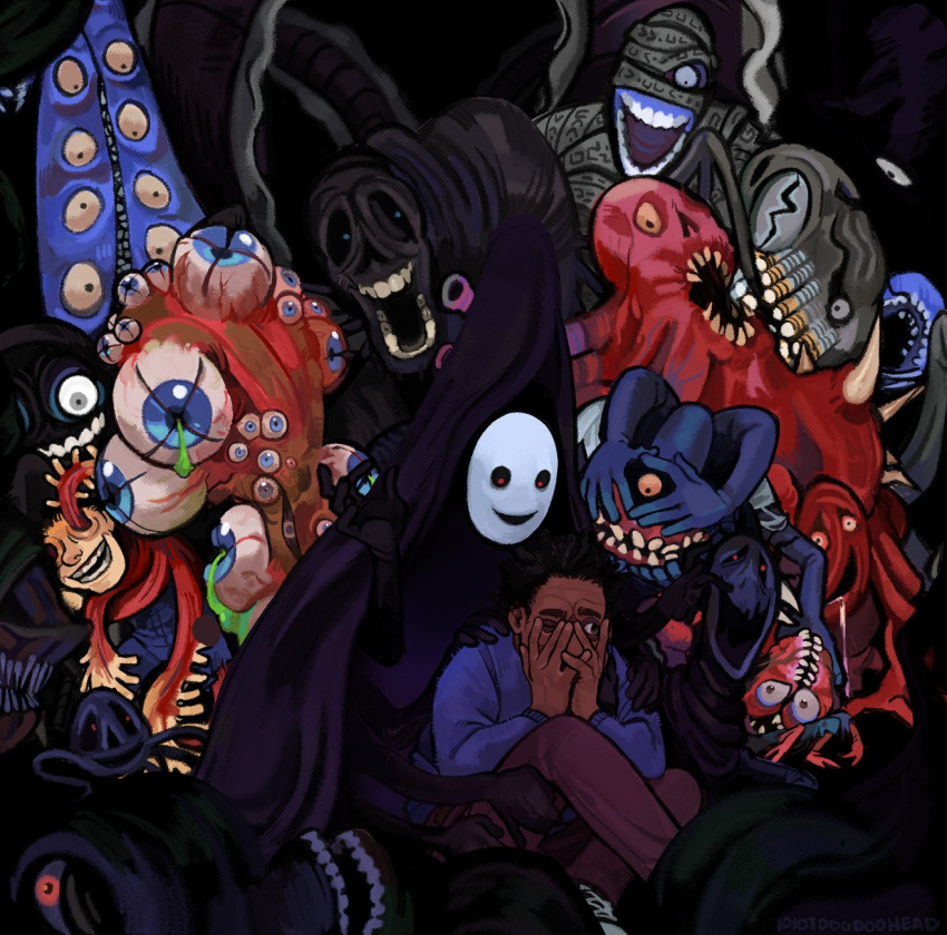 1girl, 3boys, 6+others, black_hair, blue_eyes, blue_sweater, body_horror, brown_eyes, character_request, covering_own_face, crazy_eyes, crazy_smile, crossed_legs, dark-skinned_male, dark_background, dark_skin, drooling, extra_arms, extra_eyes, hand_on_another's_shoulder, highres, idiotdoodoohead, jeanne_(look_outside), look_outside, lyle_(look_outside), monster, multiple_boys, multiple_others, mummy, nestor_(look_outside), open_mouth, red_eyes, sam_(look_outside), sharp_teeth, short_hair, smile, sweater, teeth, the_shadow_(look_outside)