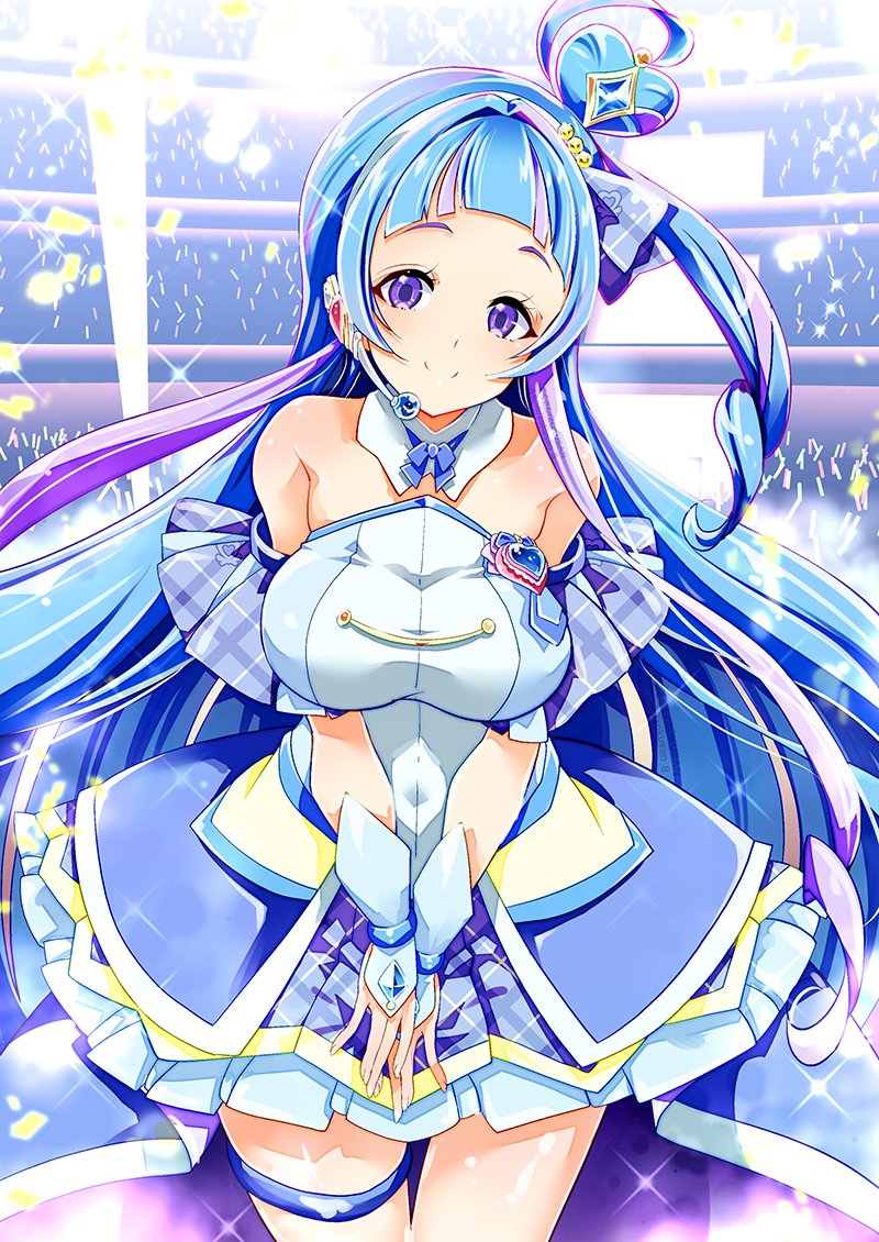 audience, blue_dress, blue_hair, blue_wrist_cuffs, commentary_request, concert, cowboy_shot, cure_wink
