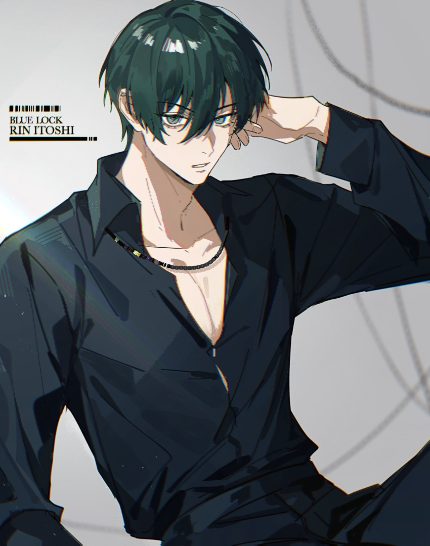 1boy, black_pants, black_shirt, blue_lock, character_name, collarbone, collared_shirt, commentary_request