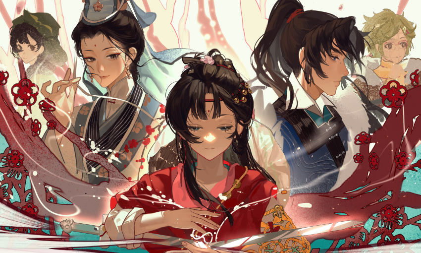 1boy, 4girls, absurdres, black_eyes, black_hair, blue_robe, cheng_heguang, chinese_clothes, chinese_commentary, chinese_paper-cut, commentary_request, earrings, facial_mark, facing_viewer, feather_boa, forehead_mark, glasses, green_hair, green_headscarf, hair_branch, hair_bun, hand_up, hands_up, hanfu, hat_on_back, headscarf, highres, jewelry, long_hair, looking_at_viewer, looking_to_the_side, master_ren_(reverse:1999), mayfly_(reverse:1999), mole, mole_above_eye, mole_on_nose, multiple_girls, orchid_fingers, paper_heron, papercutting, plant_hair, ponytail, profile, red_hanfu, reed_(reverse:1999), reverse:1999, robe, short_hair, smile, weimao, white_background, white_hanfu, wo_xian_dao_bei_shui