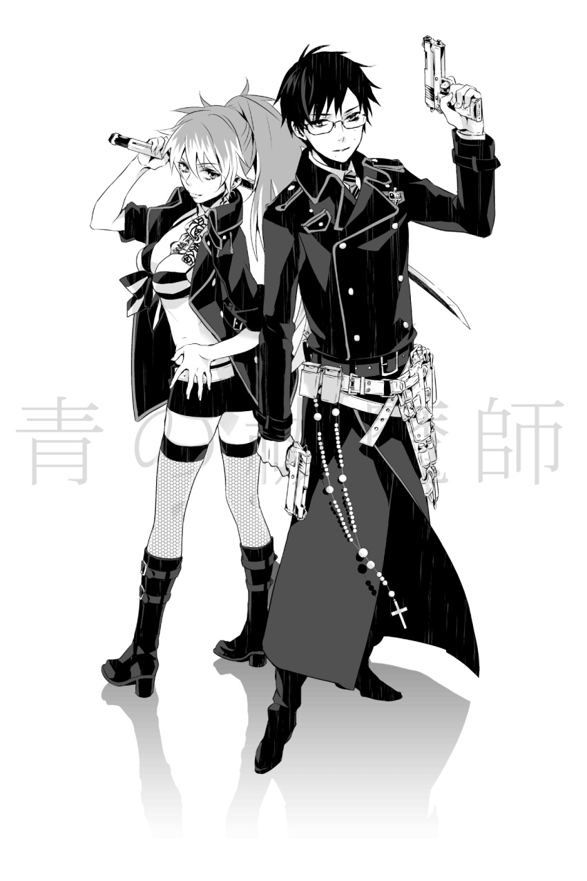ascot, bikini_top, boots, breasts, cleavage, coat, cross, dual_wielding