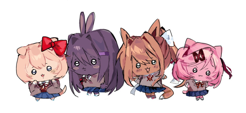 4girls, :3, blazer, blue_skirt, blush_stickers, bow, brown_hair, cat_girl