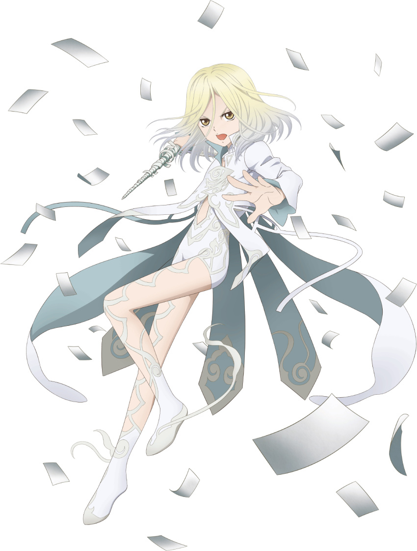 1boy, artist_request, blonde_hair, coat, fighting_stance, floating, full_body, game_cg
