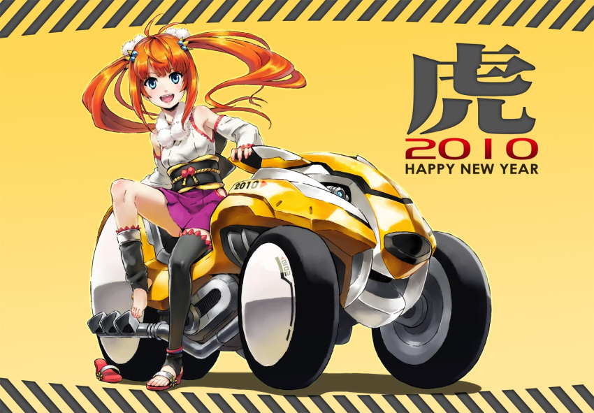 all-terrain_vehicle, anklet, antenna_hair, aqua_eyes, barefoot, black_legwear, blue_eyes, brown_hair
