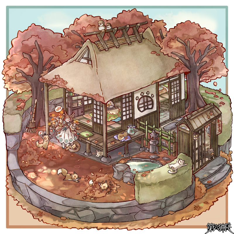 1girl, :d, animal_ears, autumn, autumn_leaves, bird, brown_hair, cabinet
