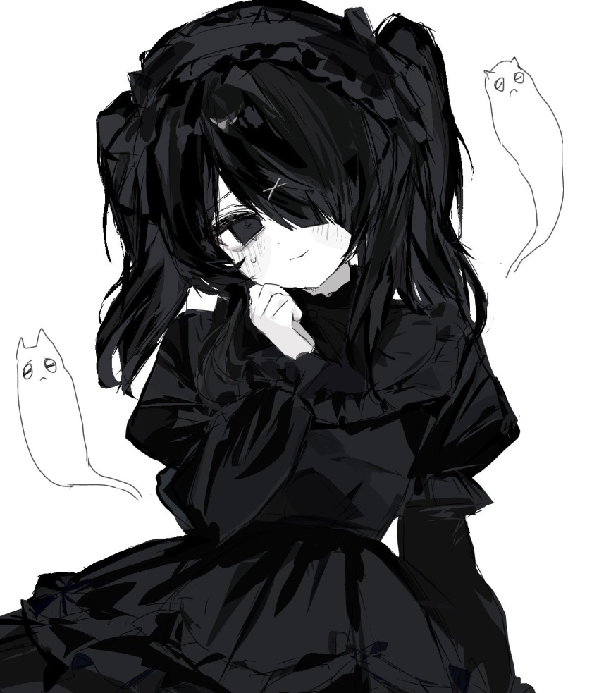 1girl, ame-chan_(needy_girl_overdose), black_dress, black_eyes, black_hair, commentary, doodle_inset, dot_nose