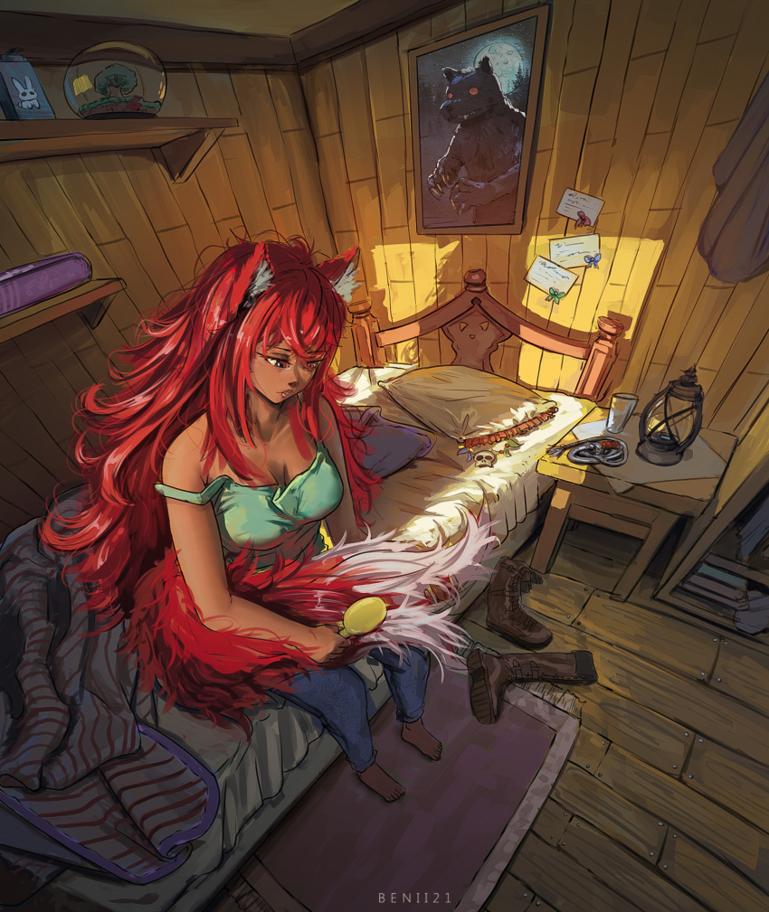 barefoot, benii21, book, boots, breasts, brushing_tail, dark_skin, fox_girl