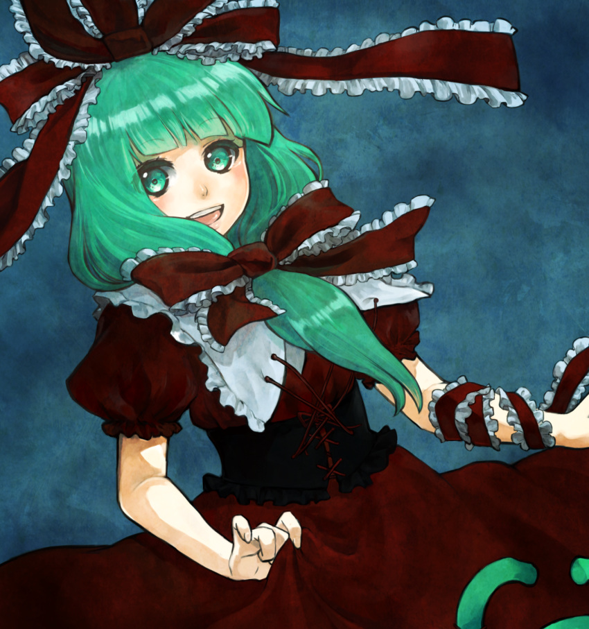 clothes_grab, corset, dress, dutch_angle, frills, front_ponytail, green_eyes, green_hair