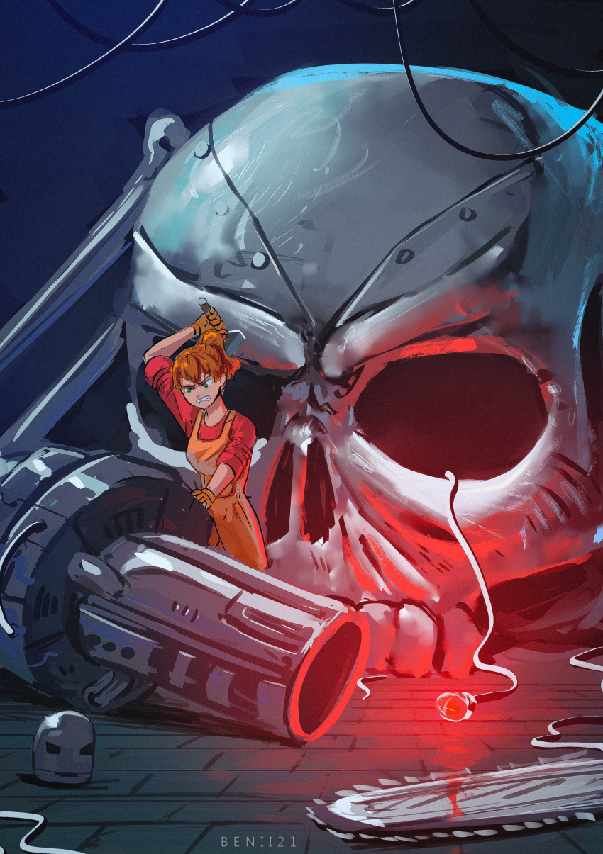 1girl, absurdres, artist_name, assembling, benii21, blue_eyes, cable, cannon