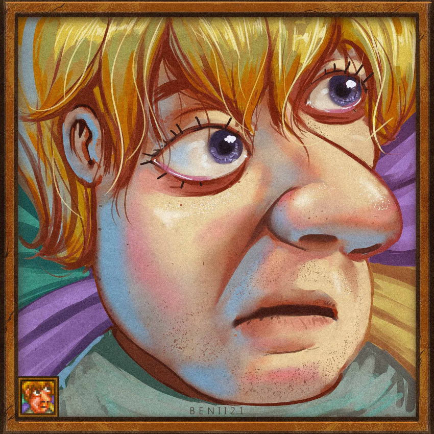 1boy, artist_name, benii21, big_nose, blonde_hair, blue_eyes, derivative_work, eyelashes