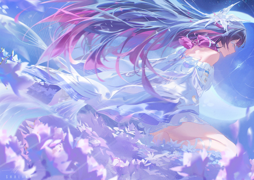 1girl, artist_name, bare_shoulders, black_hair, closed_eyes, closed_mouth, columbina_(genshin_impact), commentary