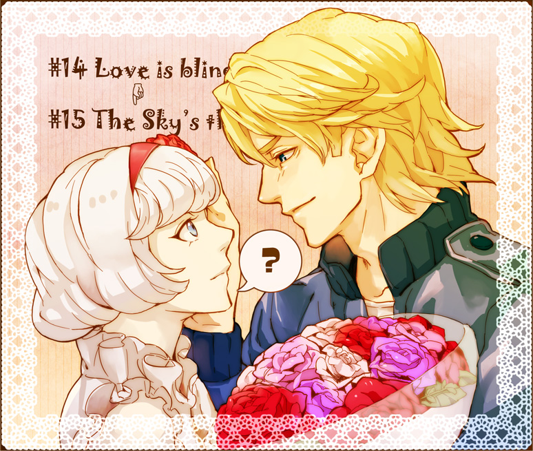 1girl, ?, bad_id, blonde_hair, blue_eyes, blue_jacket, bob_cut, bomber_jacket, bouquet, cis_(tiger_&amp;_bunny), couple, eye_contact, flower, hand_on_another's_face, hand_on_face, hassaku_(kuramatengu), jacket, keith_goodman, looking_at_another, smile, tiger_&amp;_bunny, white_hair