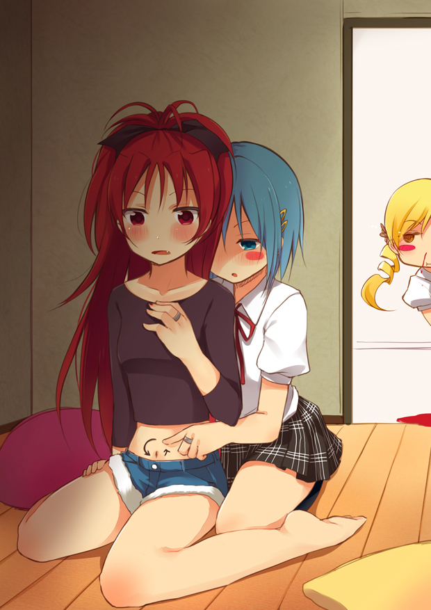 bad_id, barefoot, belly_rub, blonde_hair, blood, blue_eyes, blue_hair, blush