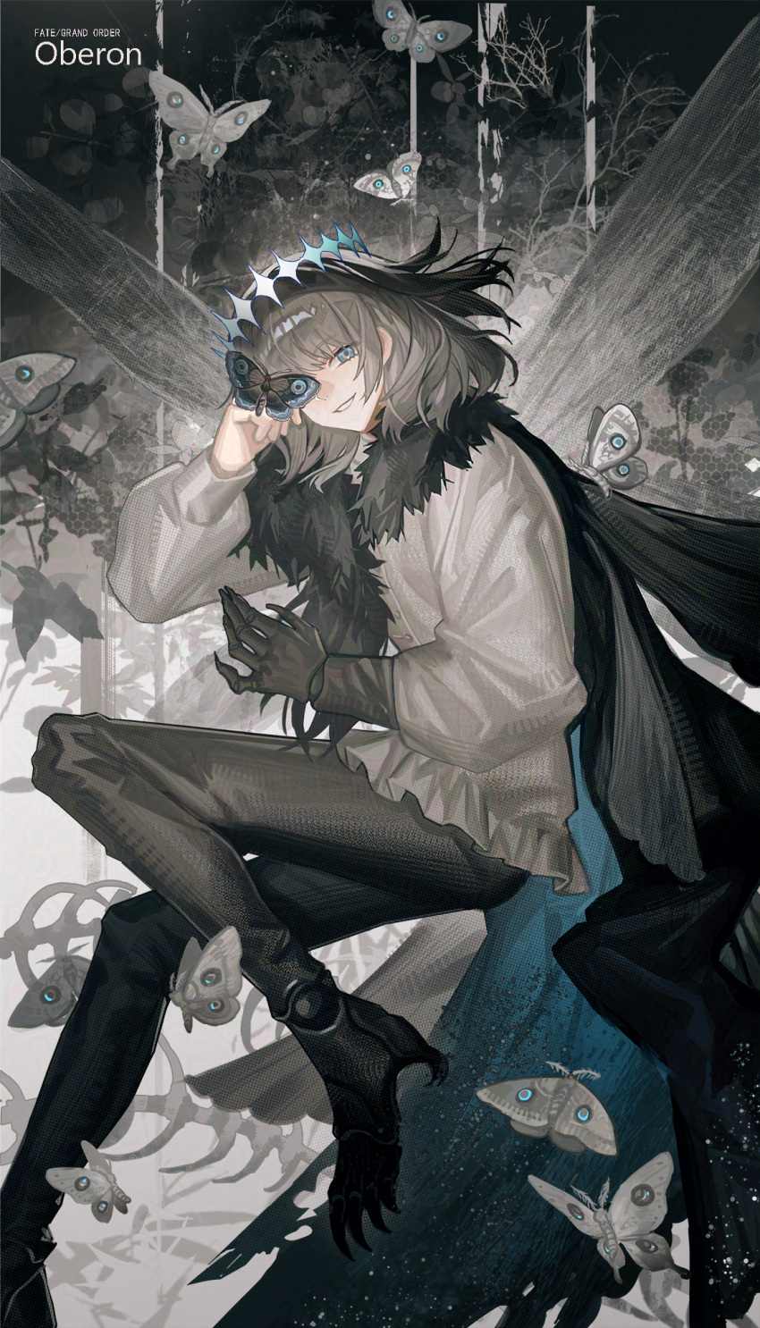 1boy, blue_eyes, bug, butterfly, butterfly_on_hand, character_name, claws, commentary_request