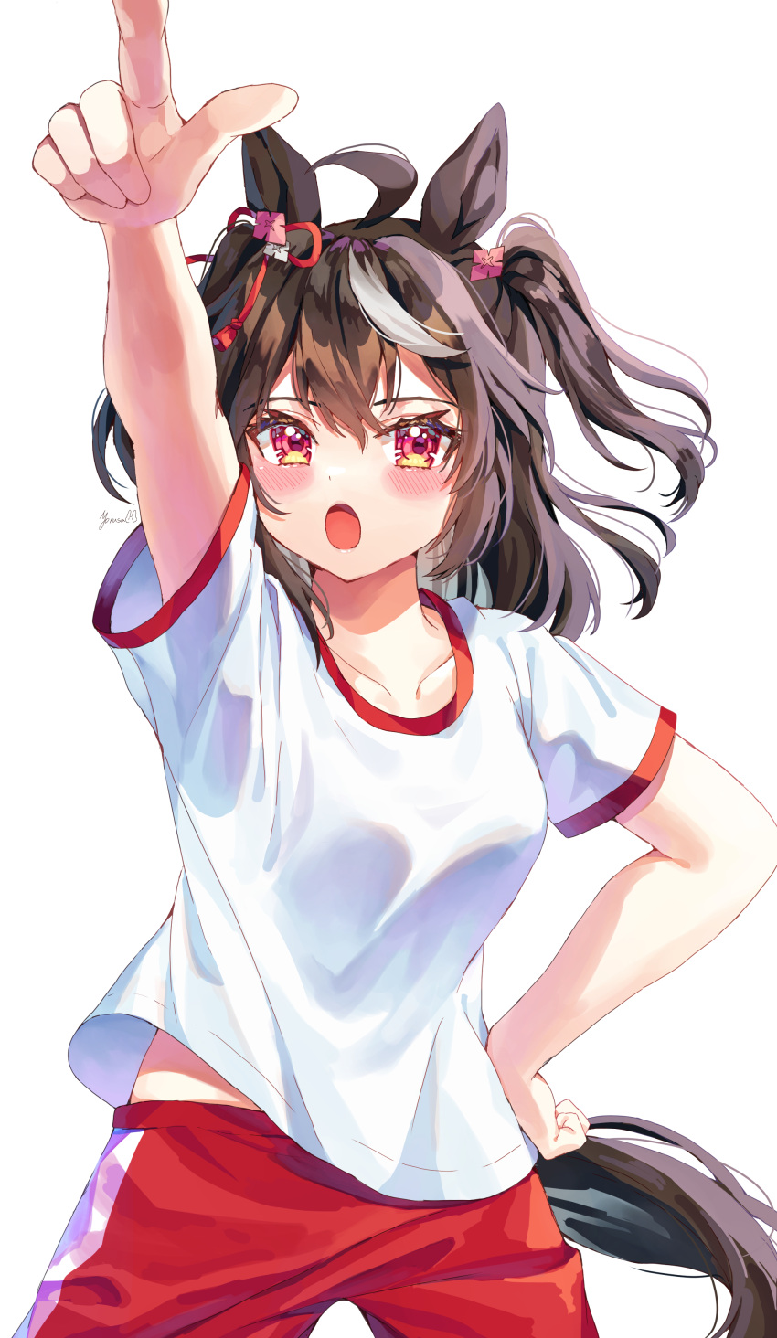 1girl, absurdres, ahoge, animal_ears, arm_up, black_hair, blush, breasts