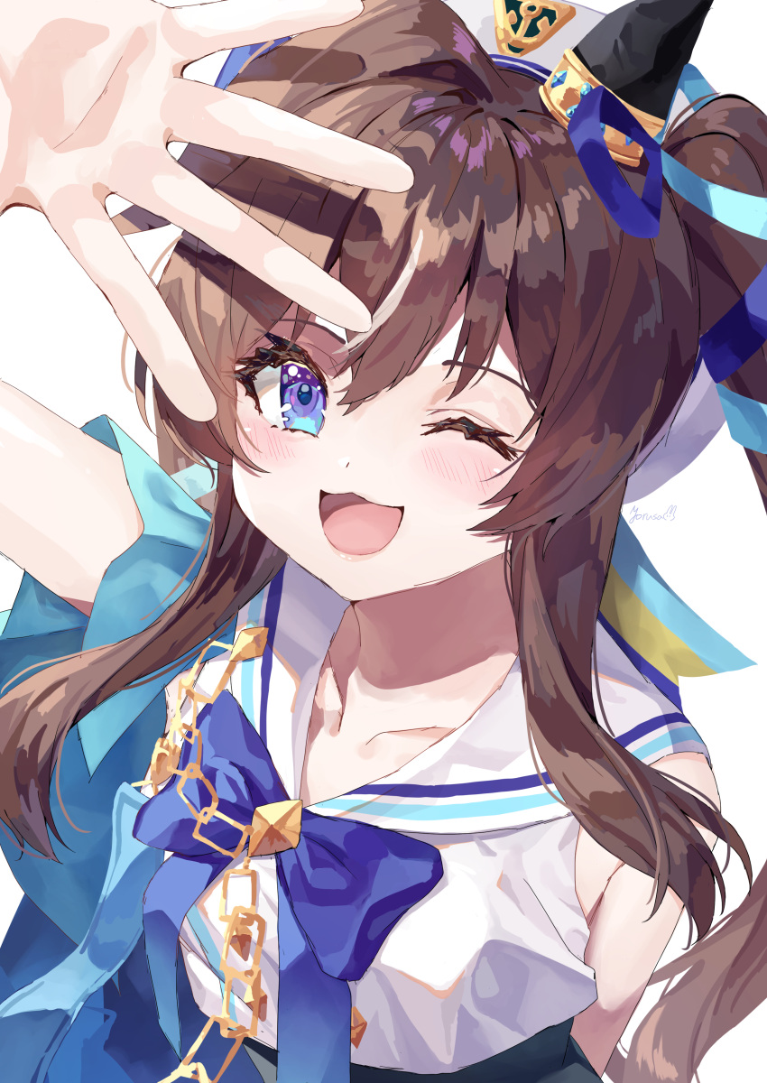 1girl, absurdres, anchor_necklace, animal_ears, beret, blue_bow, blush, bow