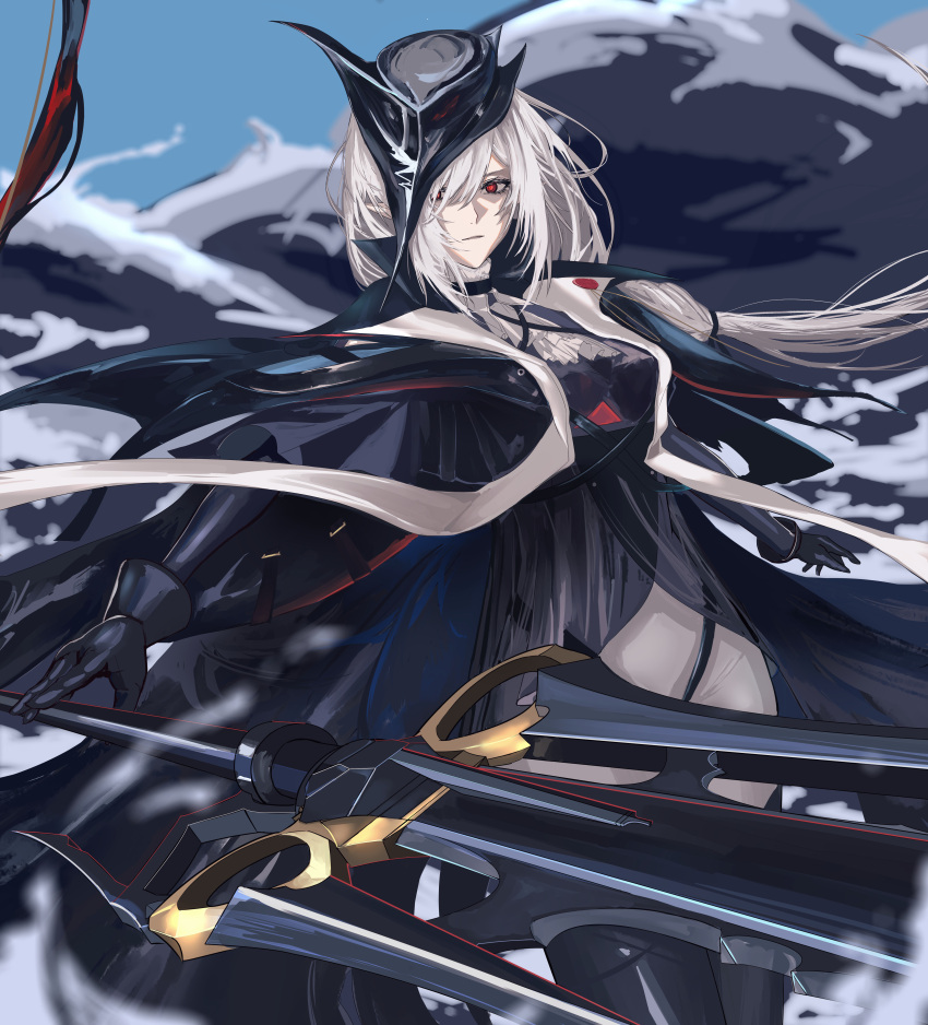 1girl, absurdres, arknights, ascot, black_boots, black_cape, black_dress, black_gloves