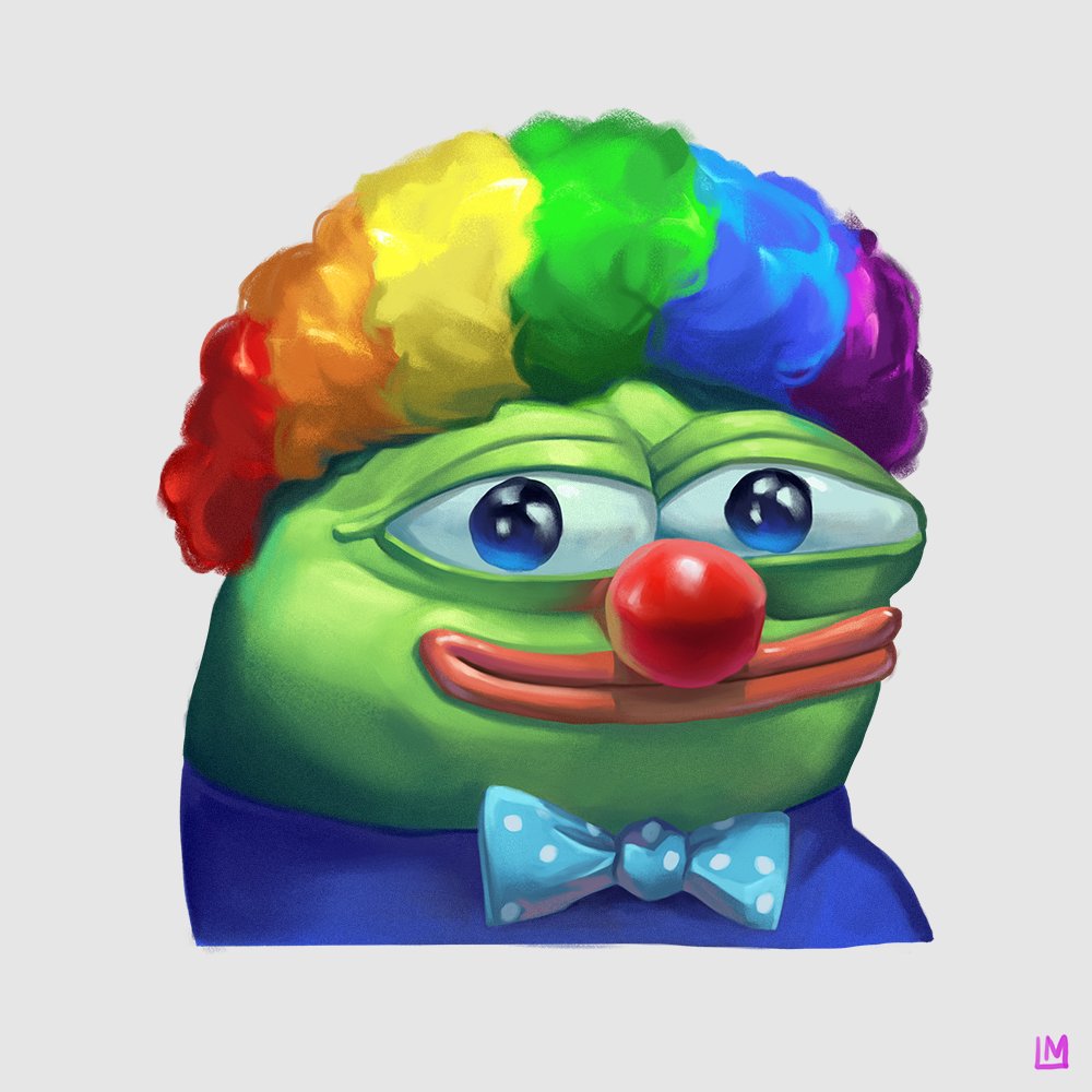 art_study, bohrokki, bow, bowtie, clown_nose, clown_wig, frog, multicolored_hair, peepo, polka_dot, polka_dot_bow, polka_dot_bowtie, portrait, rainbow_hair, simple_background, smile, thick_lips, twitch.tv, white_background, wig