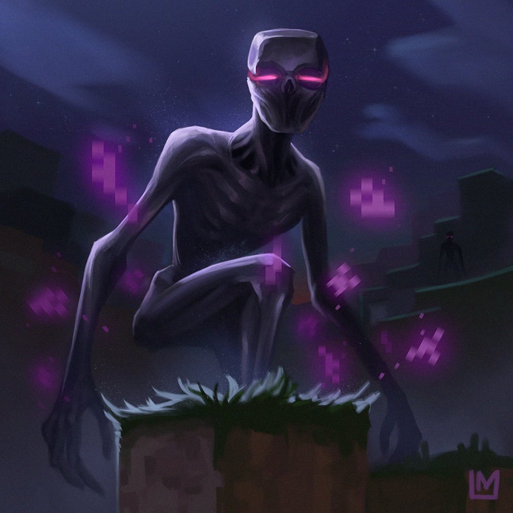 2others, black_skin, block_(minecraft), bohrokki, colored_skin, creature, enderman, glowing, glowing_eyes, minecraft, multiple_others, skinny, violet_eyes