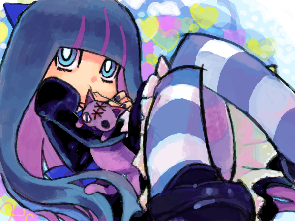 1girl, blonde_hair, blue_eyes, drawr, honekoneko_(psg), long_hair, multicolored_hair, panty_&amp;_stocking_with_garterbelt, parody, sitting, solo, stocking_(character), stocking_(psg), striped, striped_legwear, style_parody, tan_tan_tanuki, thighhighs