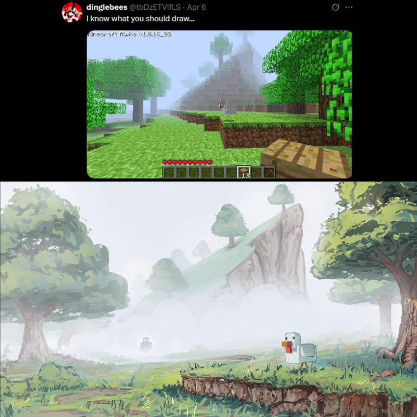 benii21, chicken_(minecraft), cliff, commentary, english_commentary, fog, grass, herobrine, highres, minecraft, outdoors, reference_inset, silhouette, tree