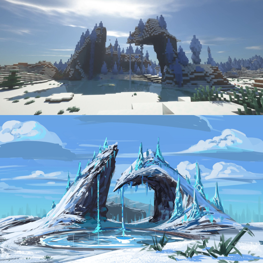 benii21, cliff, clouds, frozen_lake, highres, ice_spikes, landscape, minecraft