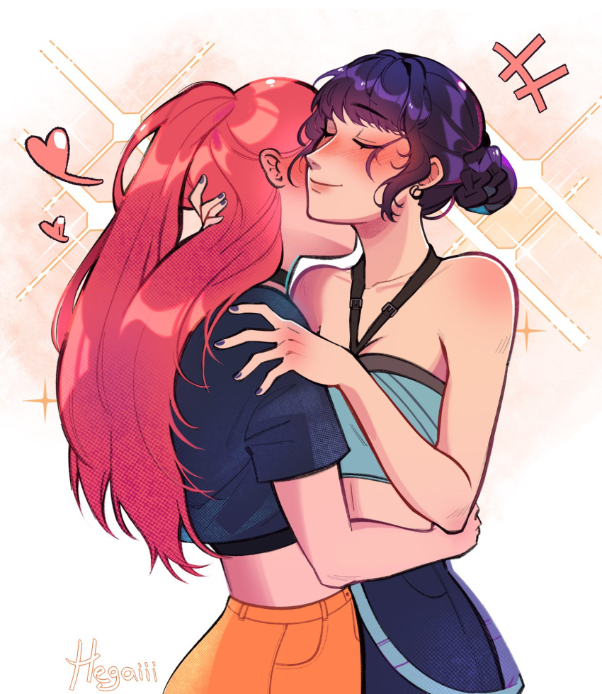 +++, 2girls, aqua_shirt, bare_shoulders, black_hair, black_shirt, blush, closed_eyes