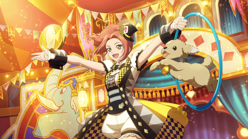 1girl, artist_request, black_hat, breasts, checkered_clothes, circus, commentary, cowboy_shot