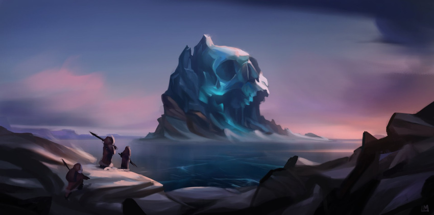 3others, bohrokki, cave, clouds, cloudy_sky, commentary, english_commentary, giant_skull