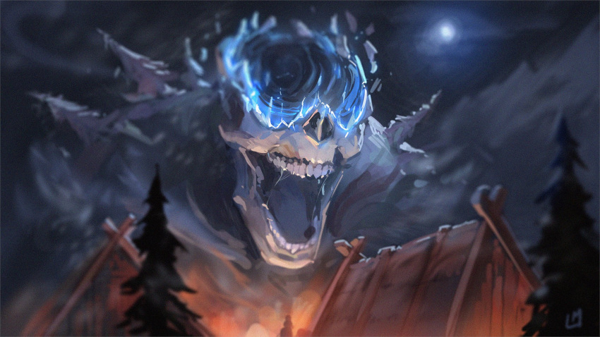 bohrokki, broken_skull, conifer, highres, house, monster, monster_focus, moon