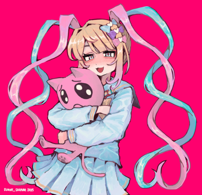 1girl, :3, absurdres, animal, blonde_hair, blue_eyes, blue_hair, bow
