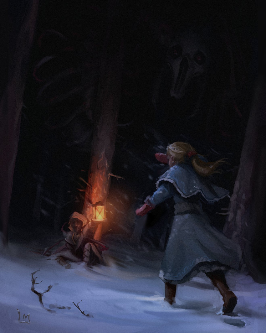1girl, 1other, blonde_hair, bohrokki, capelet, darkness, full_body, highres