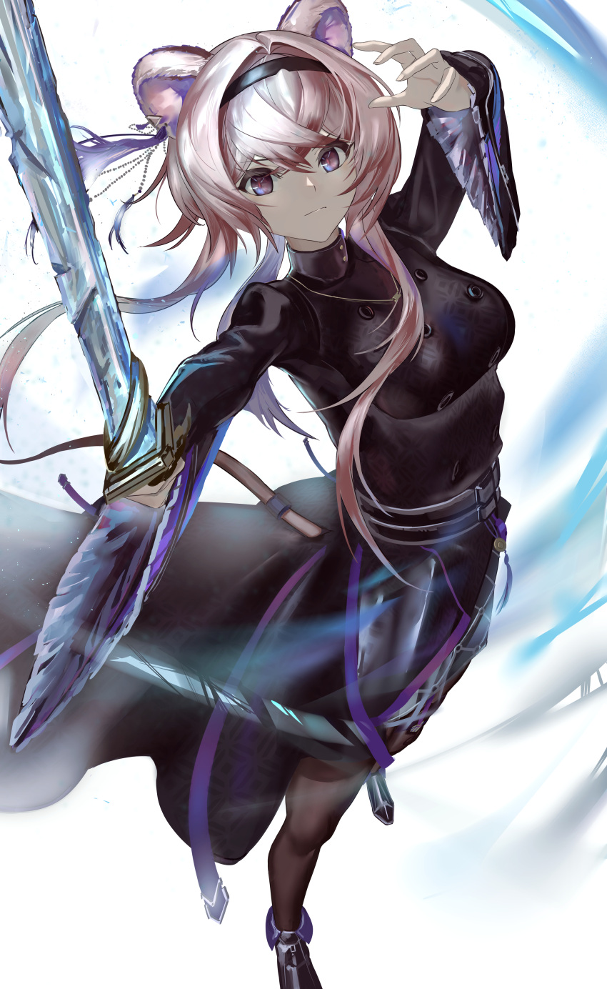 1girl, absurdres, animal_ear_piercing, animal_ears, arknights, arm_up, black_dress, black_hairband