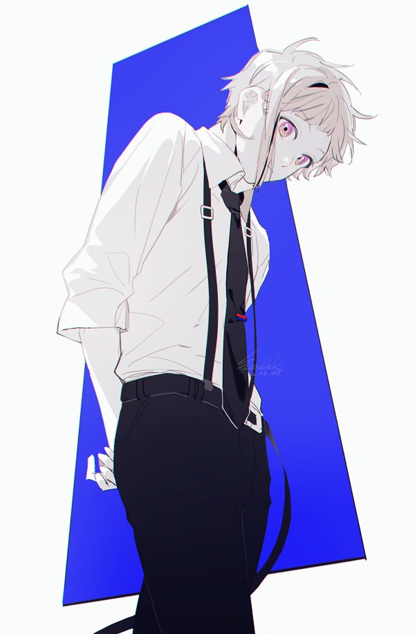 1boy, arms_behind_back, belt, black_belt, black_necktie, black_pants, bungou_stray_dogs, closed_mouth, collared_shirt, commentary, dated, grey_hair, long_belt, male_focus, nakahara_chuuya_(bungou_stray_dogs), necktie, pants, sanddek, shirt, short_hair, signature, simple_background, single_sidelock, solo, standing, suspenders, untranslatable_commentary, violet_eyes, white_background, white_shirt